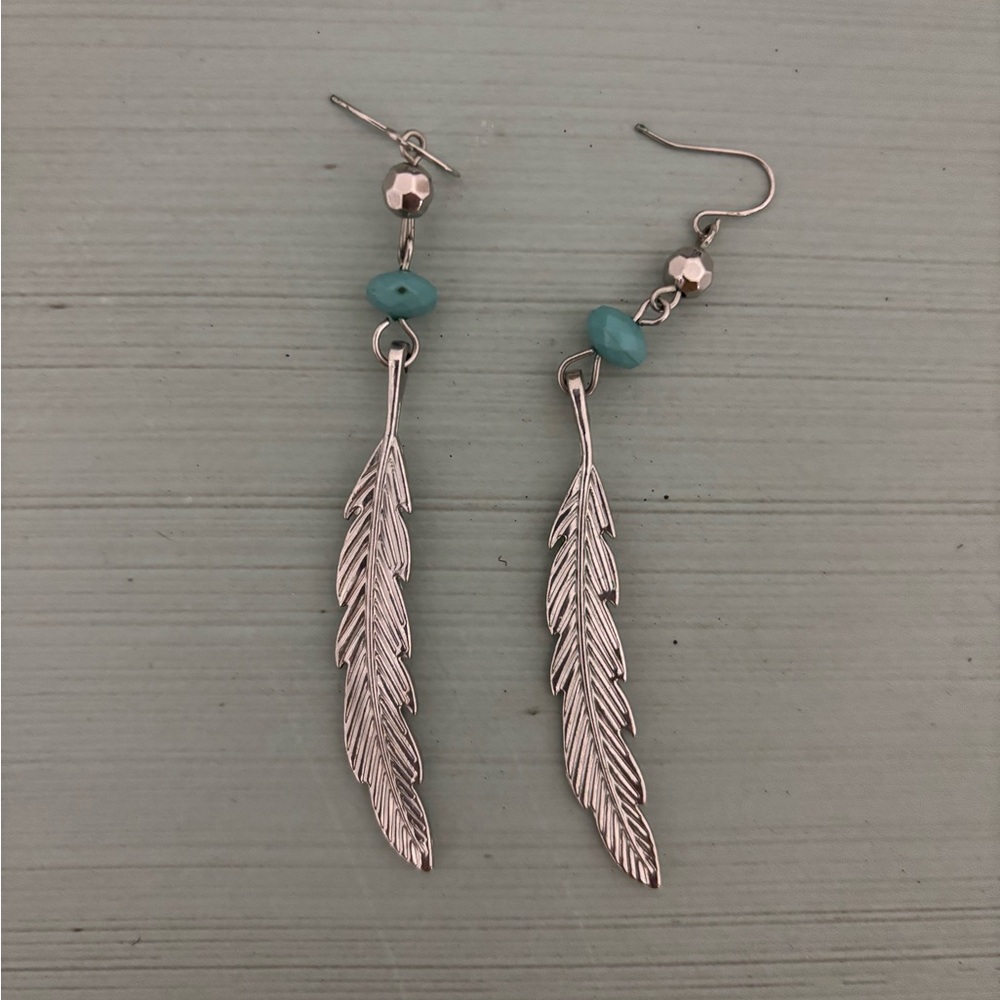 Bird Feather Earrings Dangly Long Metallic Turquoise Silver Light Blue Piercing
